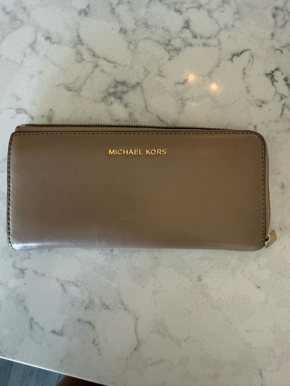 Michael Kors Leather Zip-Around Wallet - Taupe with Gold Logo